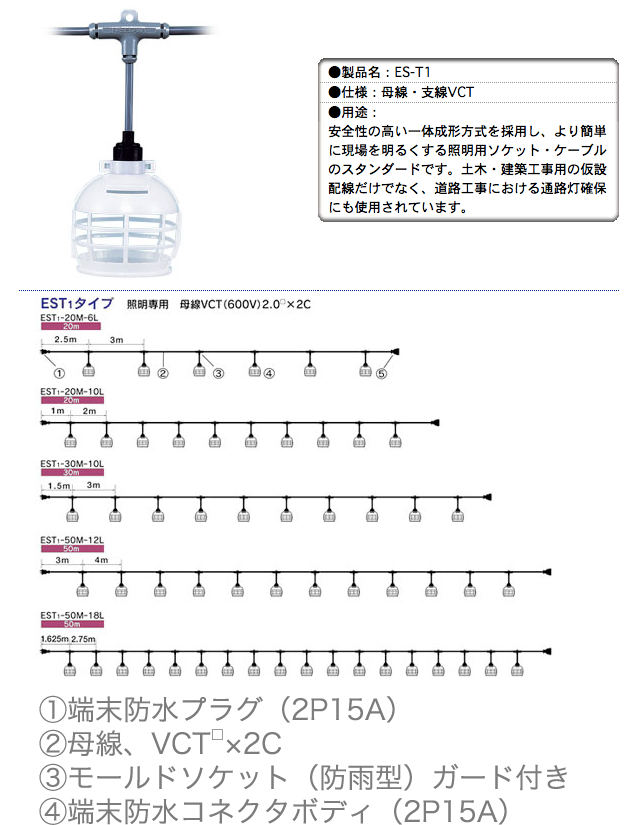 在庫あり/即出荷可】 長谷川製作所 分岐ケーブル ESTシリーズ 20m 防水ソケット×10 EST1-20M-10L 7621086 